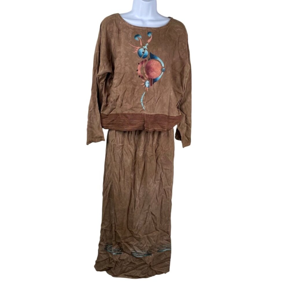 Steel Pony Top and Skirt Set Women's Hand Dyed Horse Lagenlook Boho Brown Sz S
